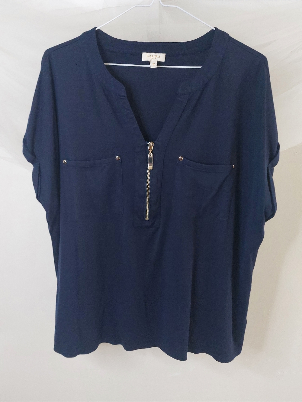 Laura Plus Navy Blue Zip Front Short Sleeve Blouse 1X